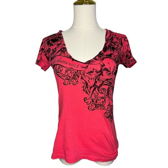 Infamous Women’s Medium V-Neck T-Shirt Magenta Pink Skull Designs Goth Grunge - Picture 1 of 7